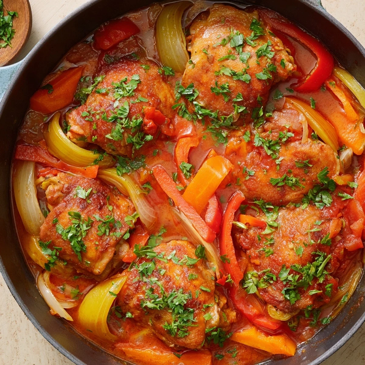 Comforting chicken braised with tomatoes, carrots, and celery in a single Dutch oven with fresh herbs