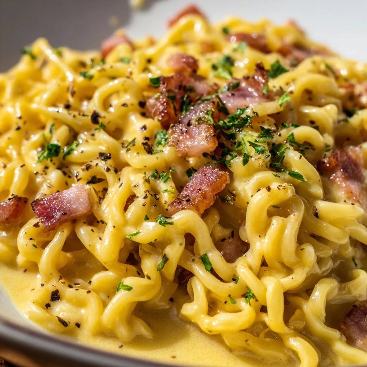 Creamy Ramen Carbonara with crispy bacon and silky Parmesan egg sauce twirled on a white plate
