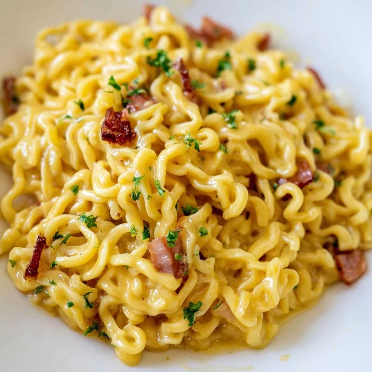 Steaming bowl of Ramen Carbonara fusion featuring instant noodles coated in rich Italian-style cream sauce