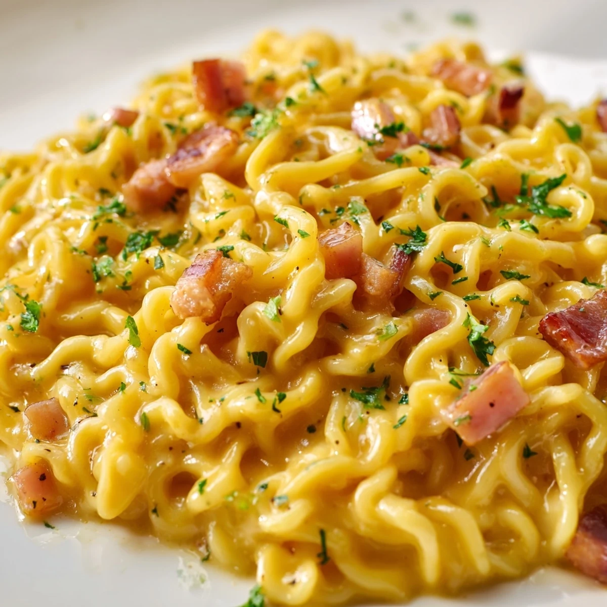 Ramen Carbonara close-up showing tender noodles tossed with crispy pancetta and grated cheese garnish