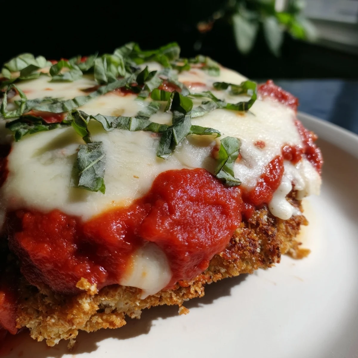 Golden brown low carb chicken Parmigiana topped with bubbling melted mozzarella and red marinara sauce
