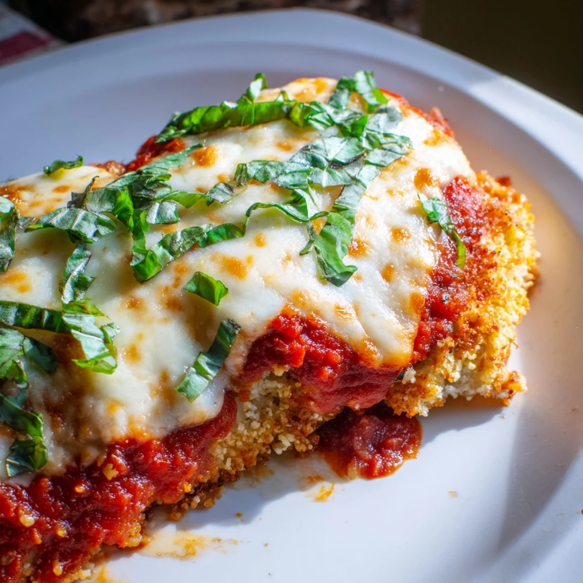 Juicy baked chicken Parmigiana smothered in tangy marinara and garnished with fresh green basil leaves