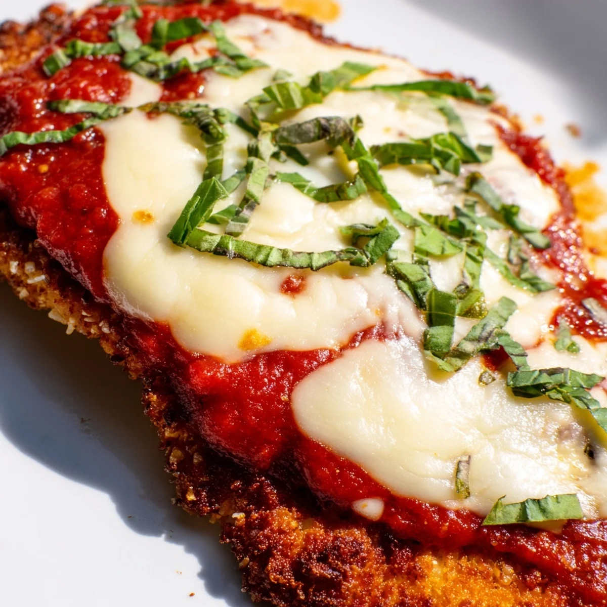 Crispy almond flour crusted chicken Parmigiana baked until cheese is melted and lightly browned on top