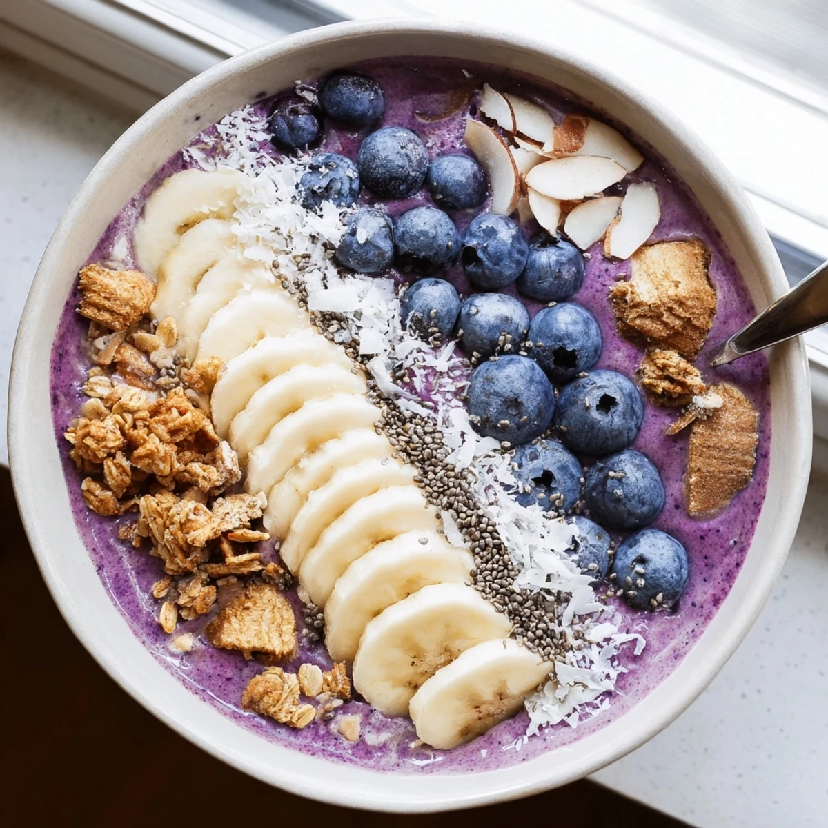 Thick blueberry smoothie bowl garnished with chia seeds, fresh blueberries, banana, and granola for breakfast
