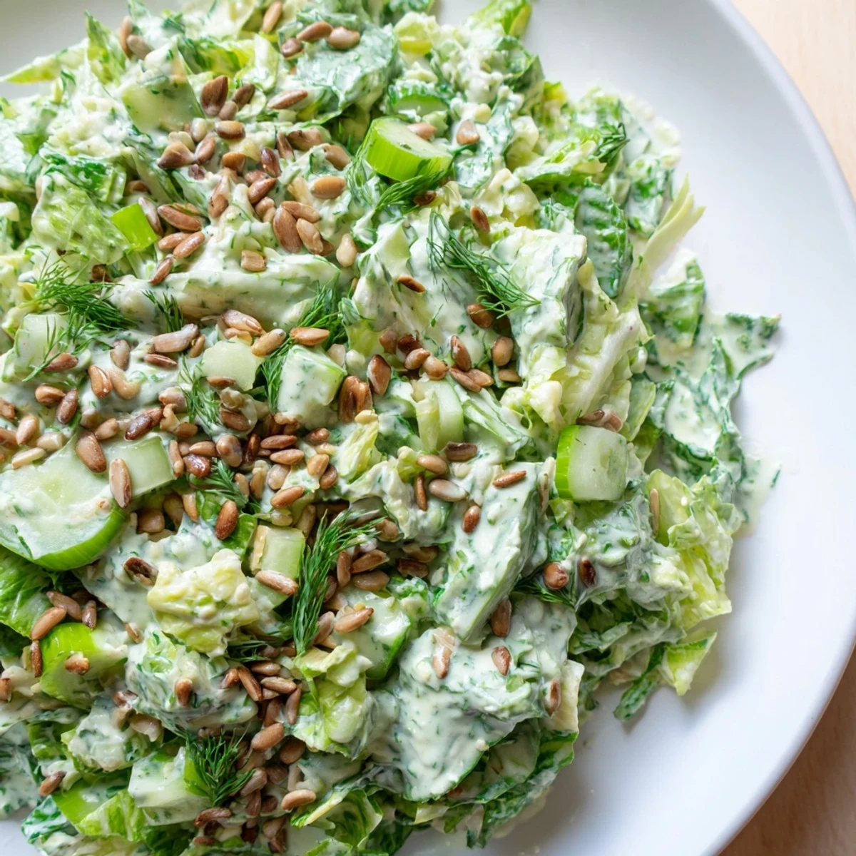Colorful Green Goddess Salad bowl with crisp vegetables and creamy herby dressing topped with crunchy roasted seeds