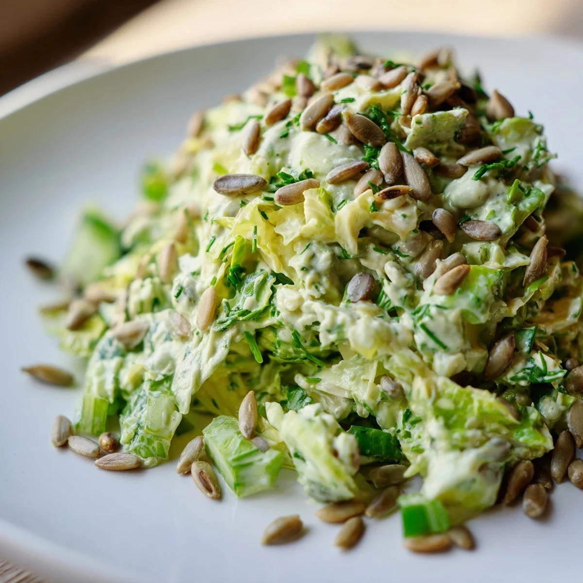 Vibrant Green Goddess Salad featuring romaine, cabbage, and cucumber coated in smooth homemade dressing with seed garnish