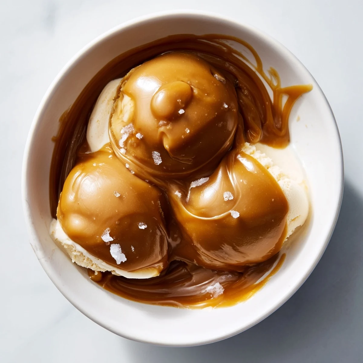 Golden homemade easy caramel sauce slowly being poured from a spoon onto vanilla ice cream