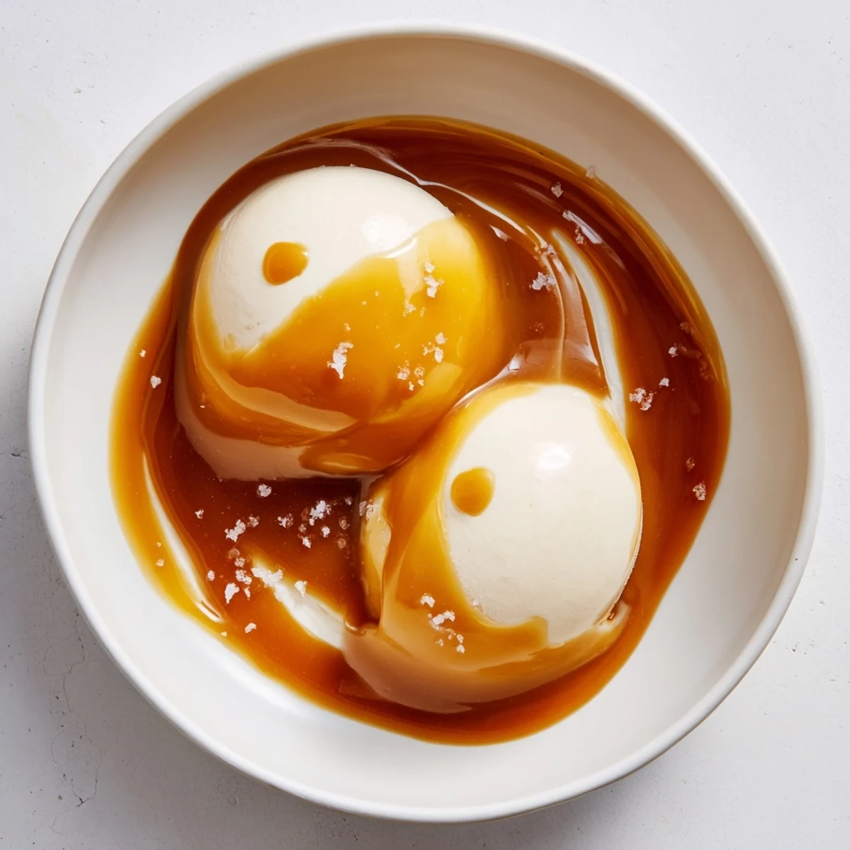 Silky smooth easy caramel sauce drizzled over warm apple pie slice on white plate