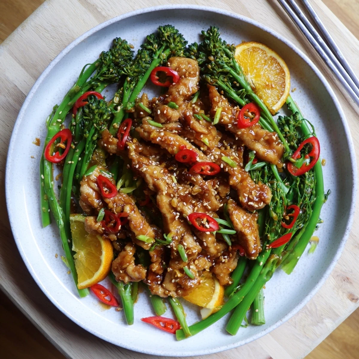 Succulent orange-coated chicken slices arranged over crisp tenderstem broccoli and snap peas