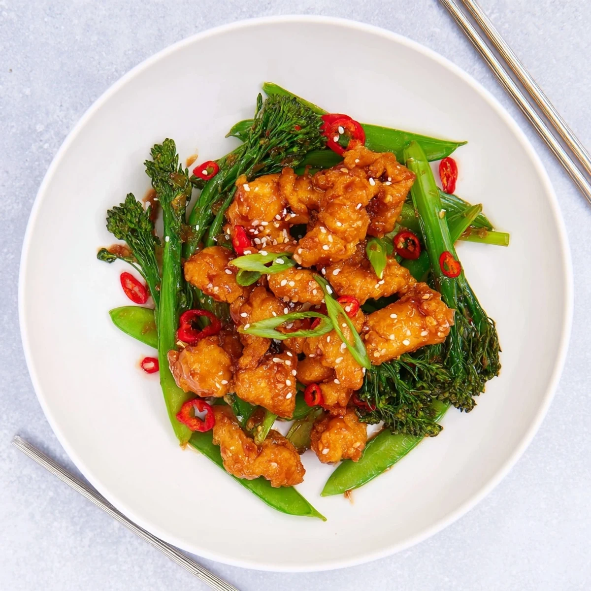 Golden chicken glazed in shiny sweet orange sauce atop vibrant chili-spiced greens