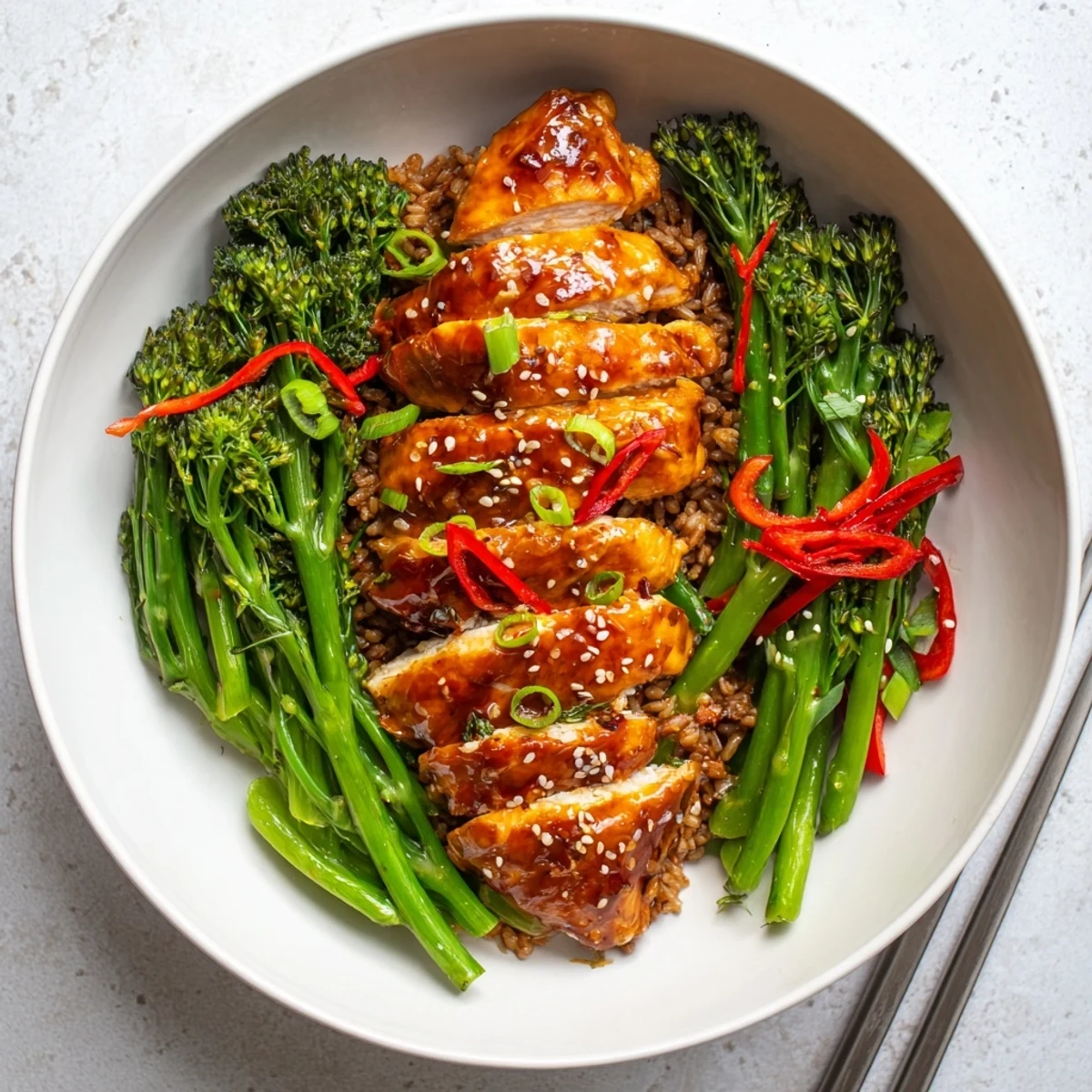 Sticky orange glazed chicken thigh pieces served with spicy sesame-garnished vegetable stir-fry