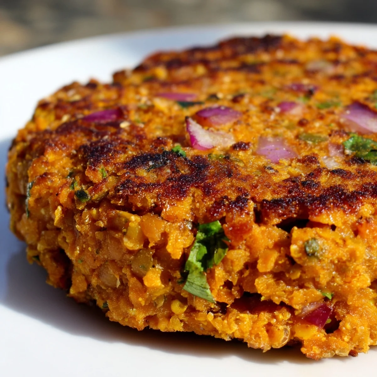 Crispy pan-fried sweet potato lentil patties arranged on a cutting board with yogurt dip