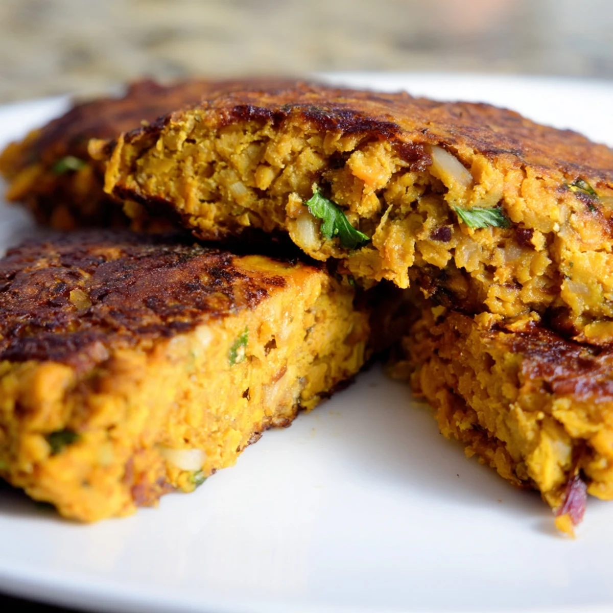 Golden brown sweet potato patties with lentils served on a white plate with fresh herbs