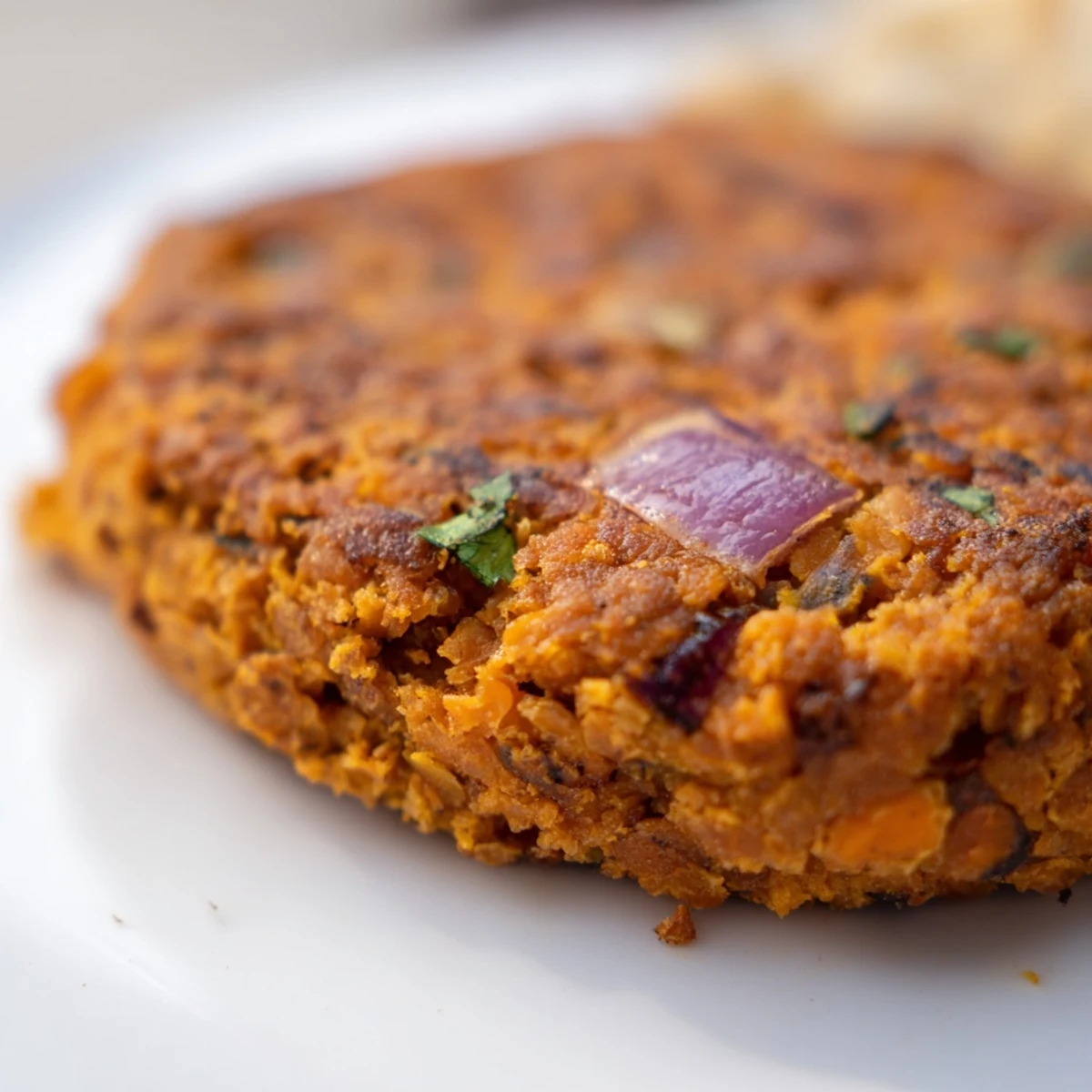 Hearty vegetarian sweet potato and lentil patties garnished with cilantro on a rustic wooden board