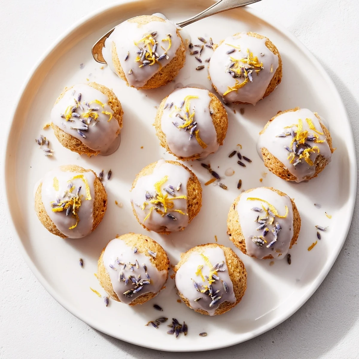 Golden mini lemon cakes drizzled with purple lavender glaze on a white serving plate