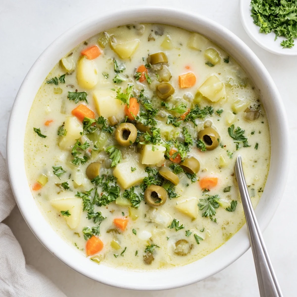 Vibrant Mediterranean green olive soup with crusty bread on a wooden table