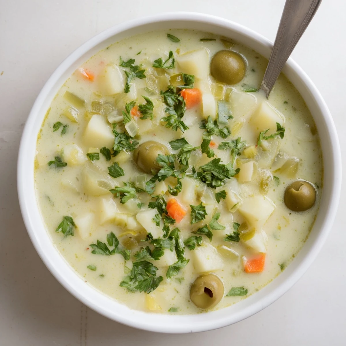 Creamy green olive soup garnished with fresh parsley in a white bowl