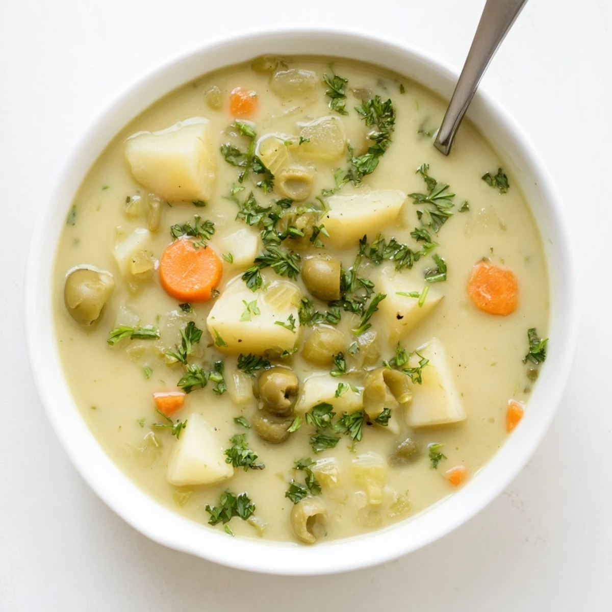 Velvety green olive soup featuring diced potatoes and sliced olives, served hot