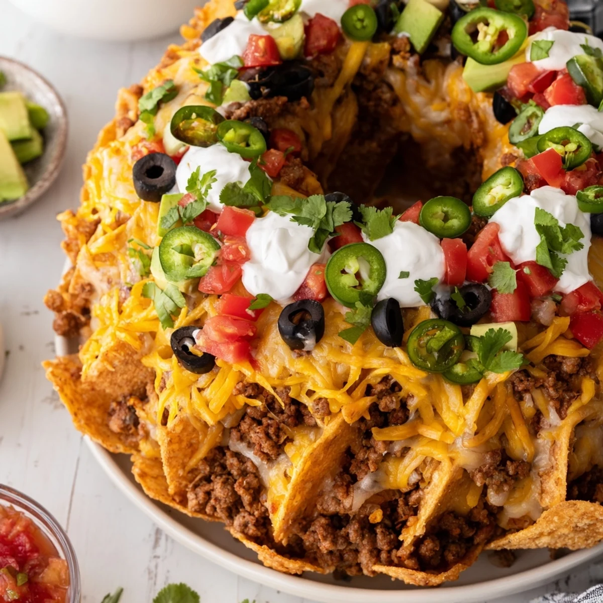 Golden Bundt Pan Nachos topped with melted cheese, seasoned beef and colorful fresh toppings