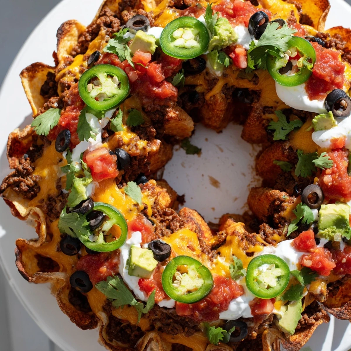 Crispy tortilla chips layered with spiced ground beef and bubbly cheddar in a ring shape
