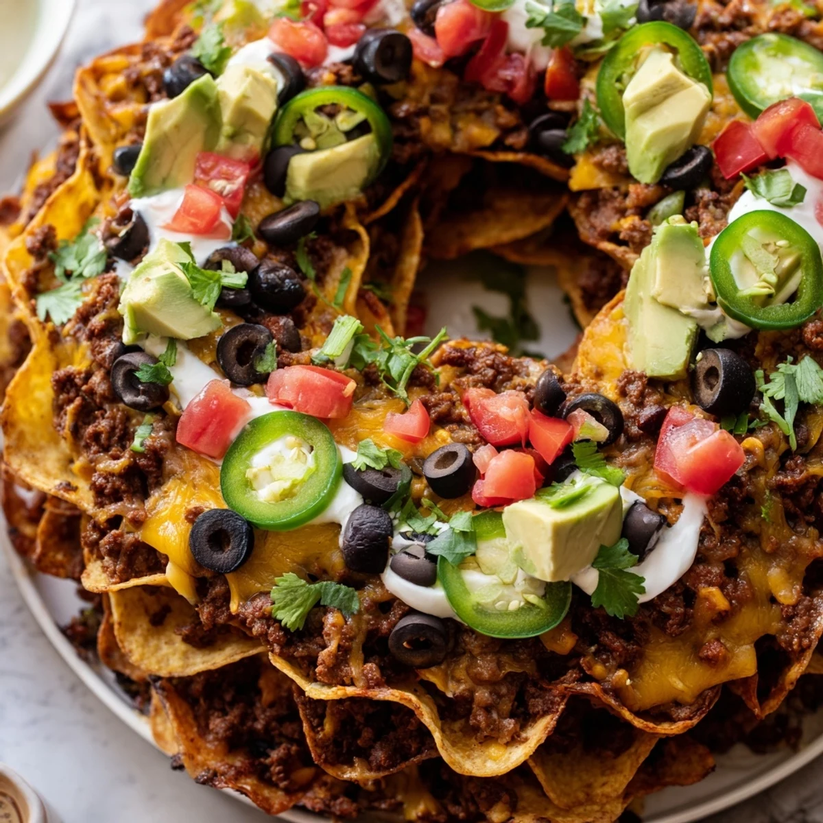 Crowd-pleasing Bundt Pan Nachos served with tomatoes, avocado, sour cream and scattered cilantro