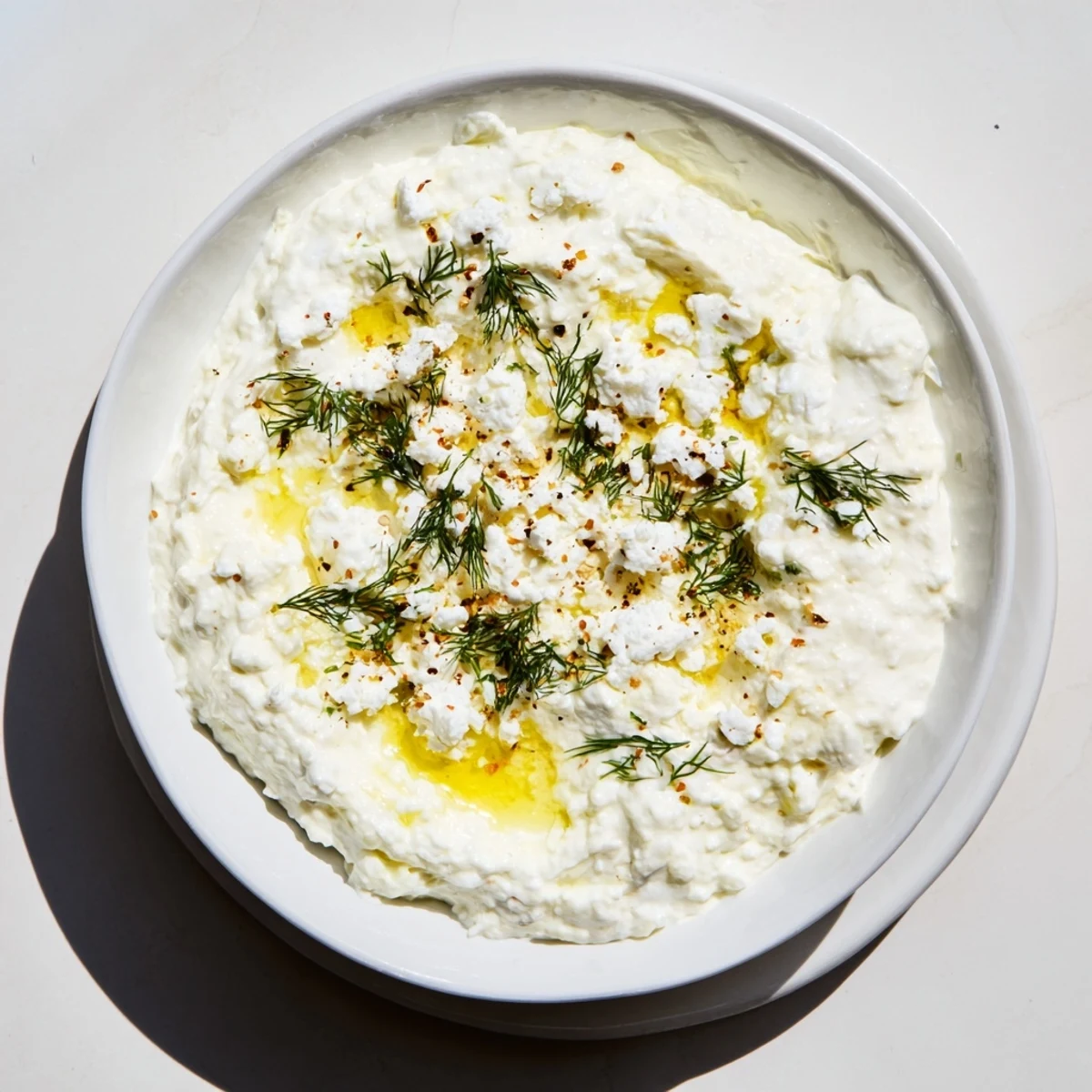 Creamy classic feta dip topped with fresh herbs and olive oil drizzle