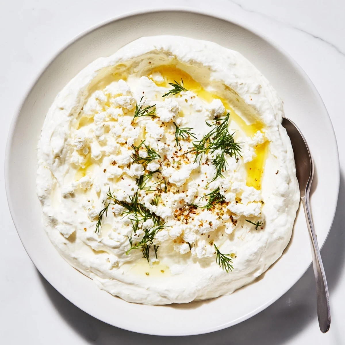 Smooth classic feta dip garnished with crumbled feta and red pepper flakes