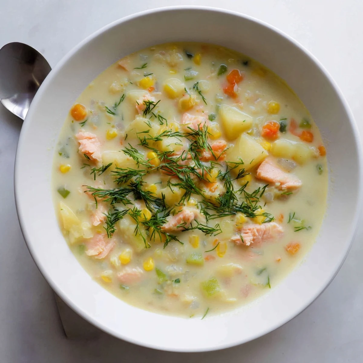 Creamy smoked salmon chowder with tender potatoes and corn in a white bowl