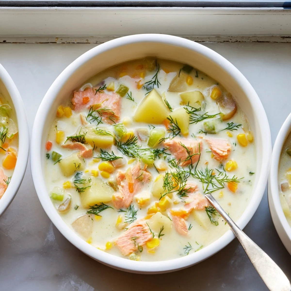 Savory smoked salmon chowder garnished with fresh dill and served piping hot