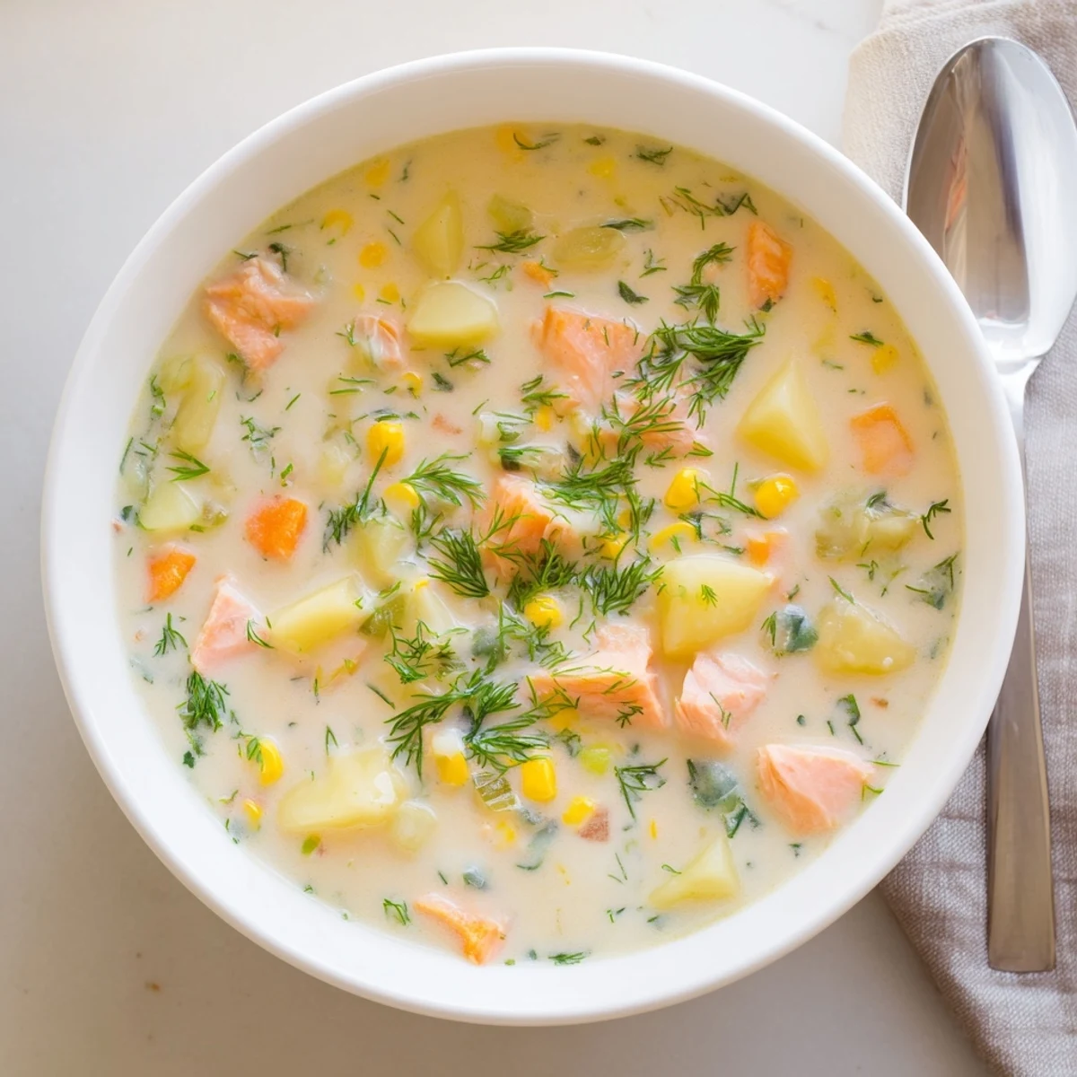 Rich and smoky salmon chowder featuring chunky vegetables swimming in a creamy broth
