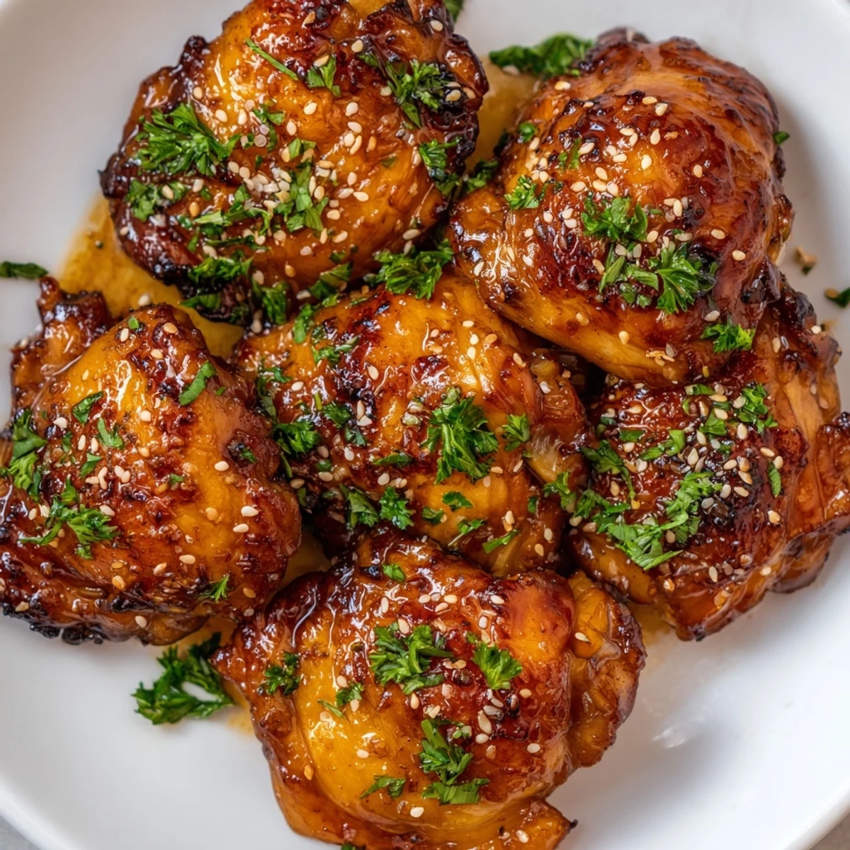 Golden glazed honey garlic chicken thighs served with caramelized roasted sweet potato cubes on a white plate