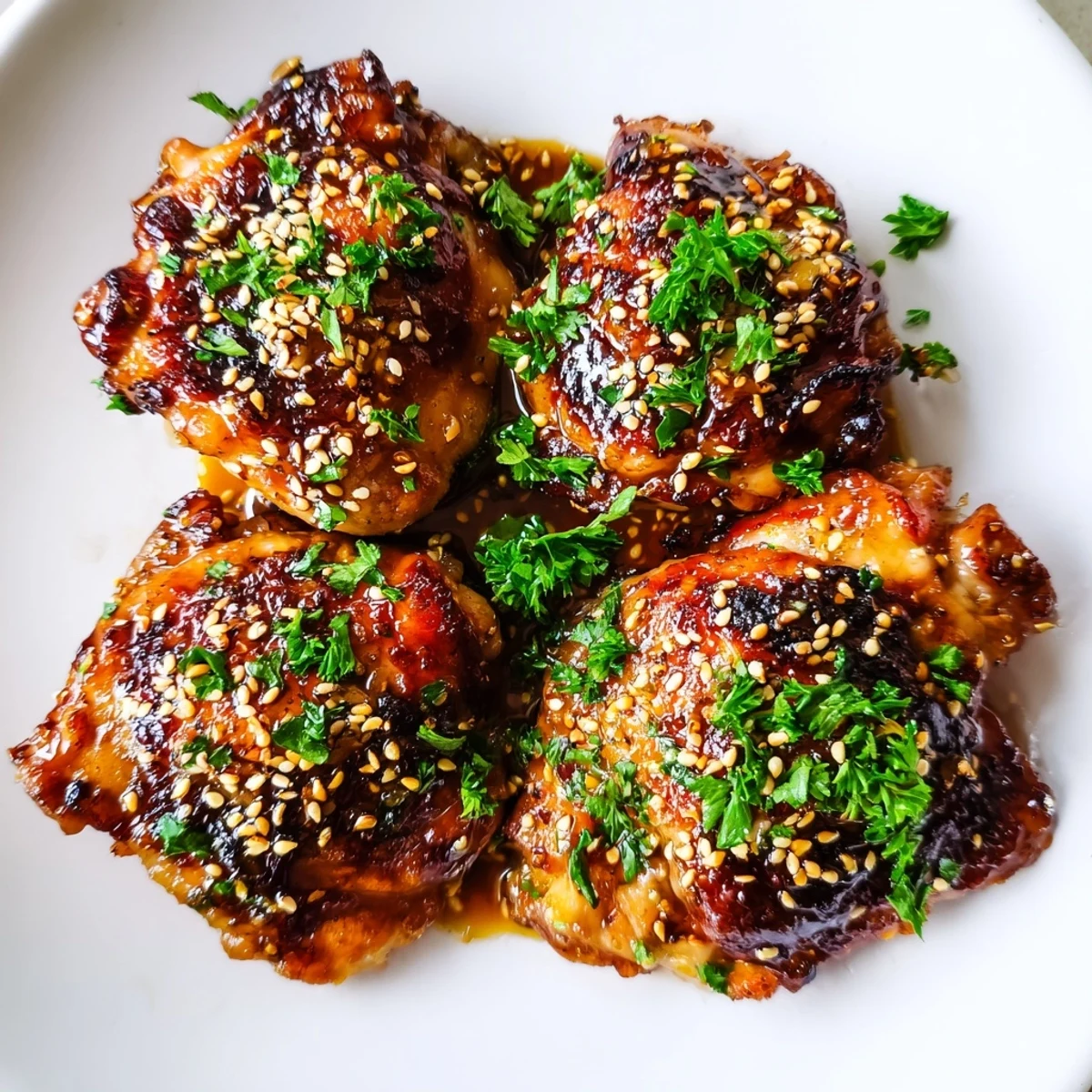 Succulent baked chicken pieces coated in sticky honey garlic sauce alongside seasoned roasted sweet potato wedges for dinner