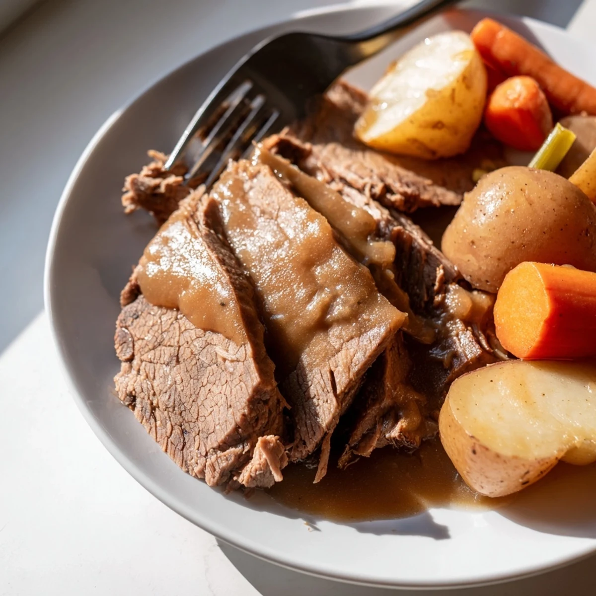 Golden Southern style pot roast with tender carrots, potatoes and rich dark gravy draped over the sliced beef