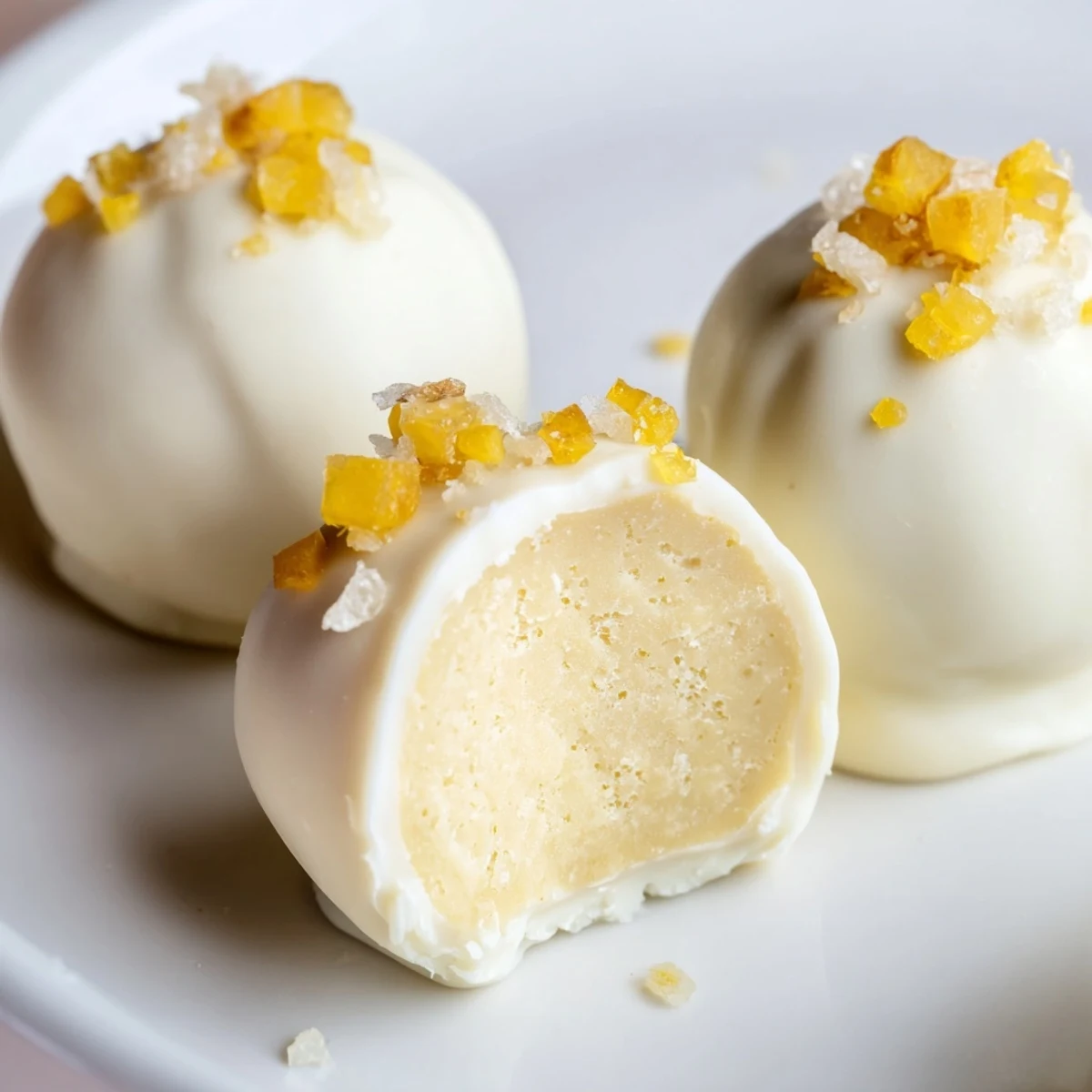 White chocolate mango truffles coated in smooth ganache with sprinkled dried mango garnish