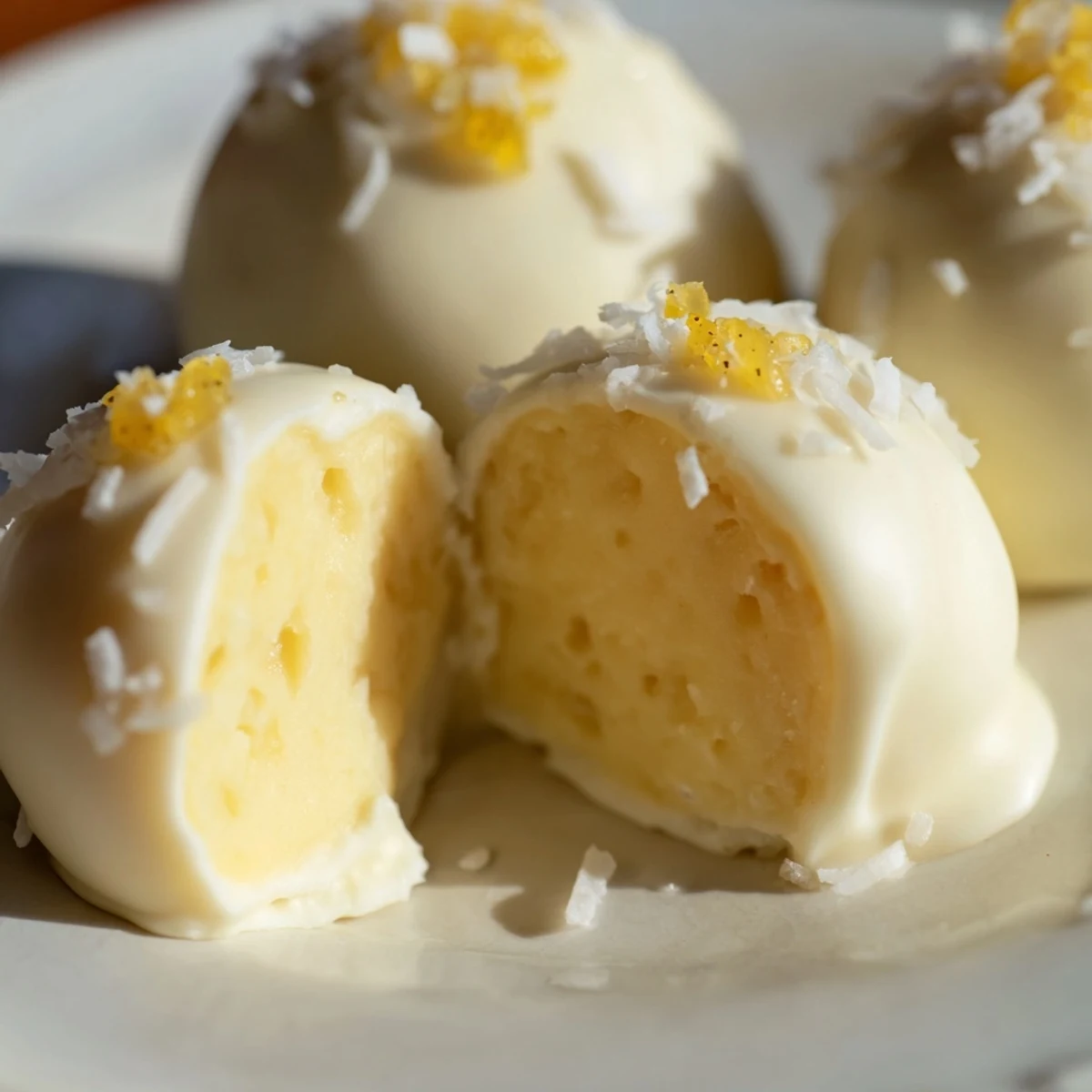 Creamy homemade mango truffles rolled in white chocolate and topped with coconut flakes