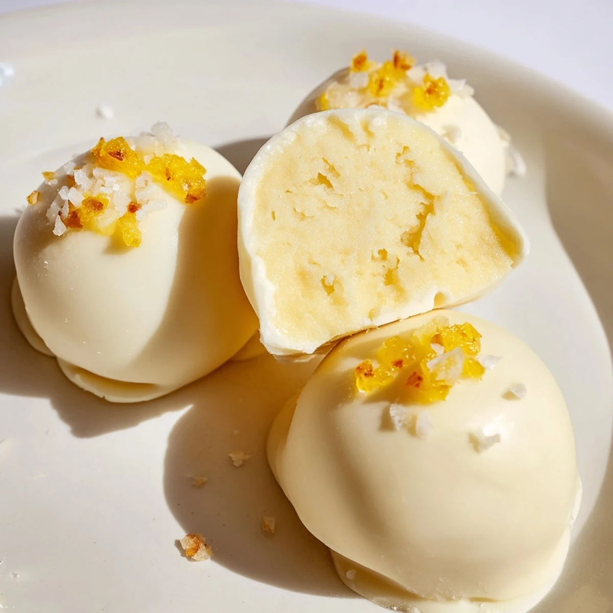 Tropical mango truffles dusted with powdered sugar and garnished with chopped pistachios