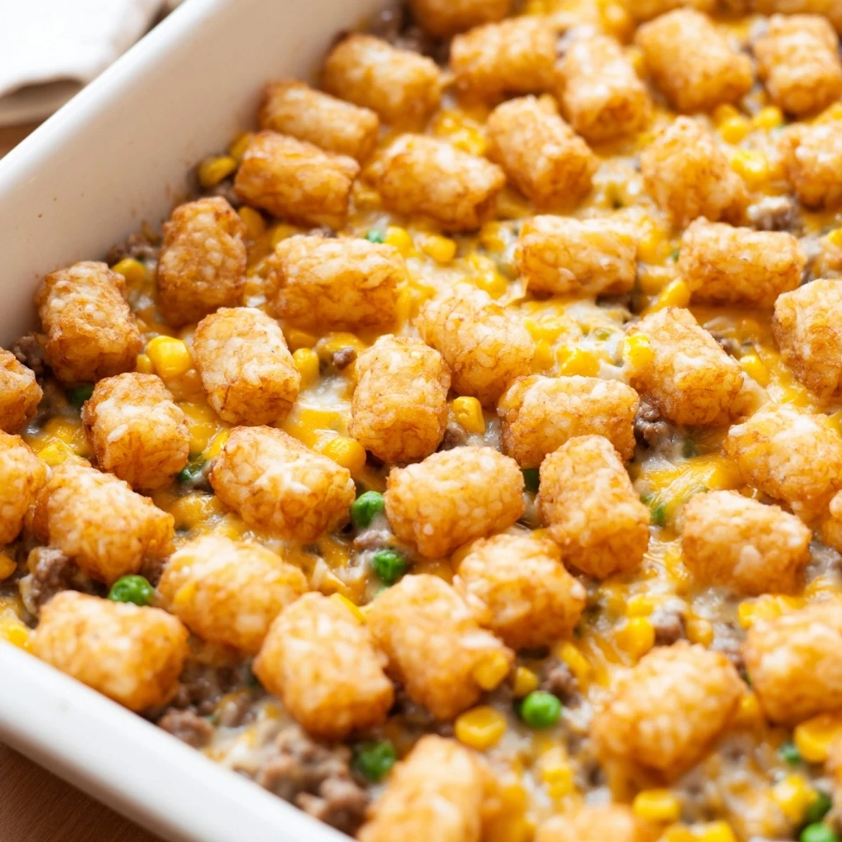 Golden crispy tater tots crown a hearty Midwest casserole with savory ground beef and melted cheddar cheese