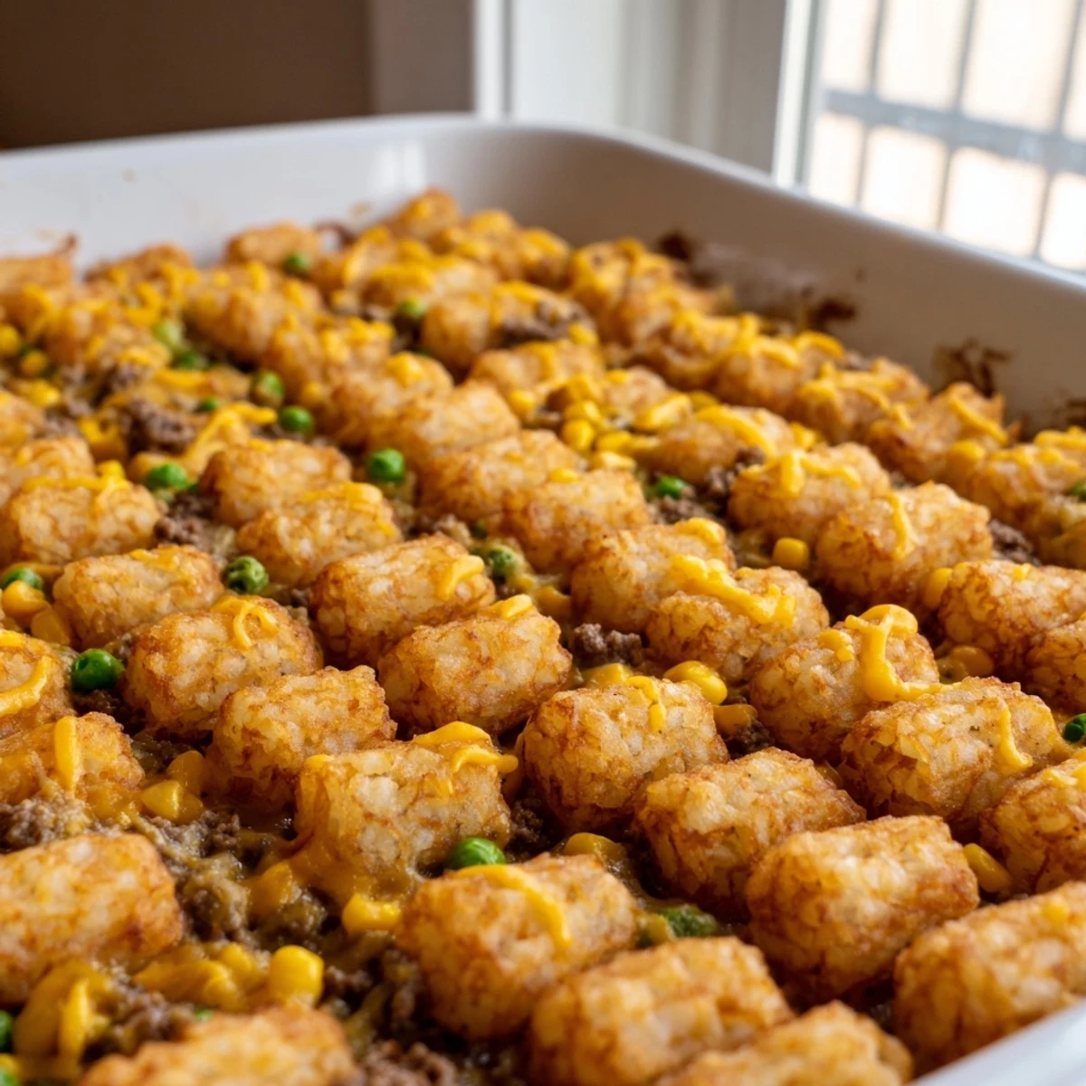 Comforting Midwest tater tot casserole featuring a bubbling beef and vegetable layer beneath perfectly browned crispy potato tots