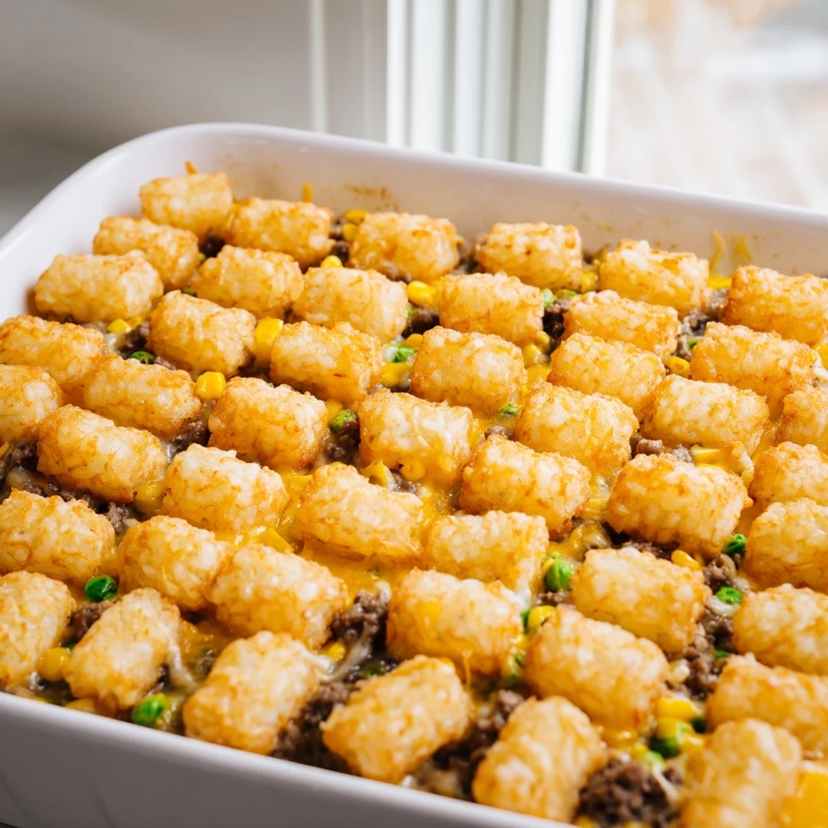 Family-friendly Midwest tater tot casserole fresh from the oven with steam rising from the creamy beef filling and golden topping
