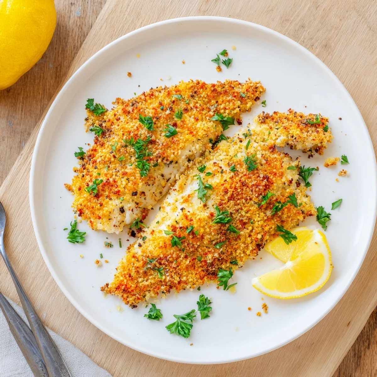 Golden brown tilapia fillets air fried with a crispy panko and Parmesan breadcrumb coating