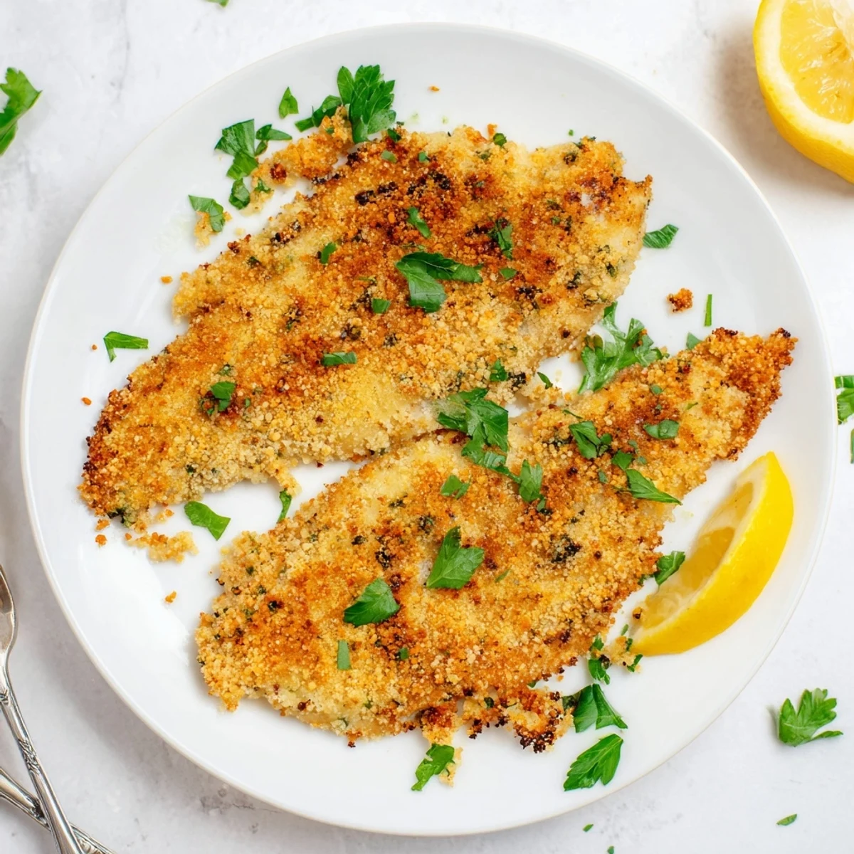 Flavorful tilapia crispy in the air fryer served with fresh lemon wedges and parsley