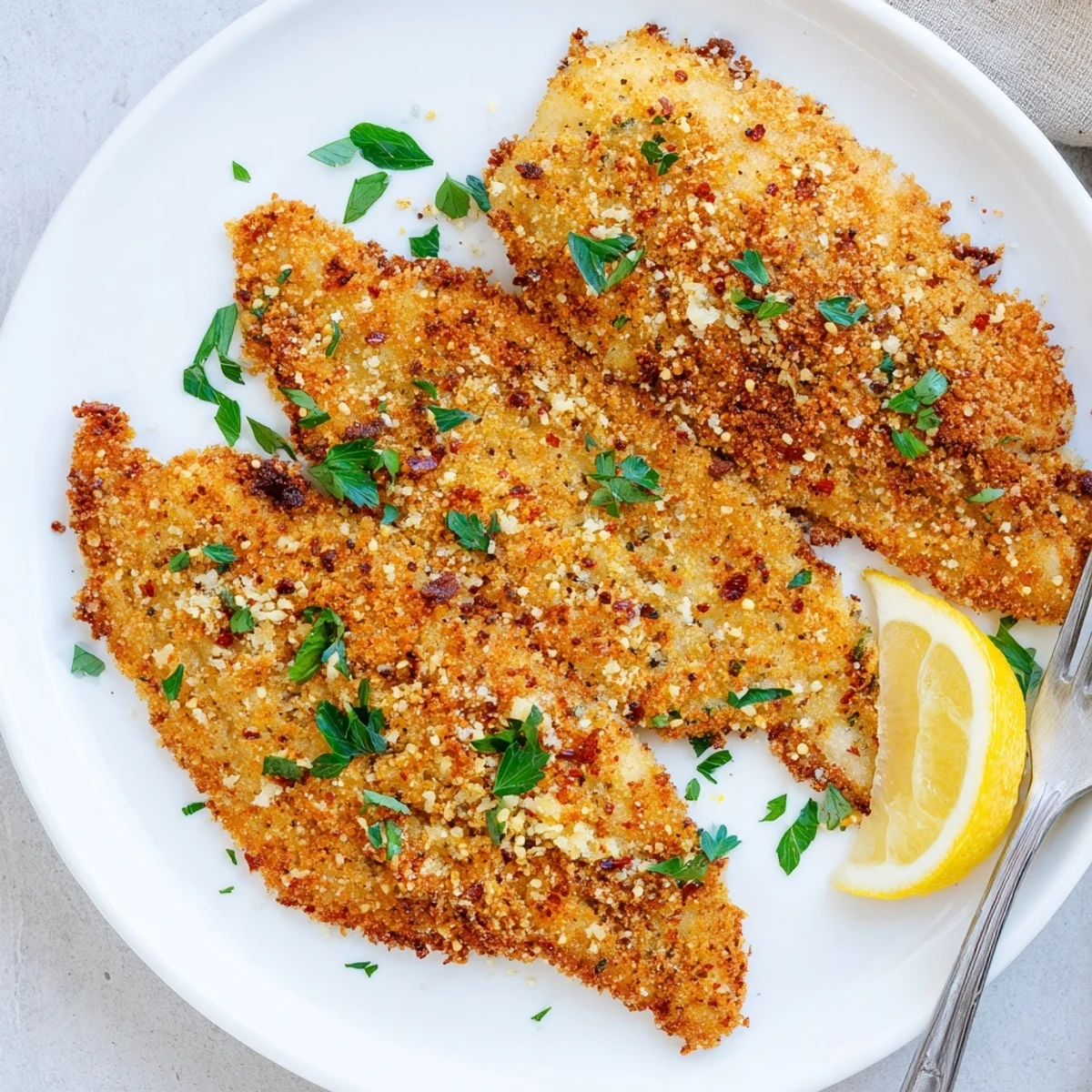 Perfectly air fried tilapia with a crunchy seasoned crust flaking easily on a white plate