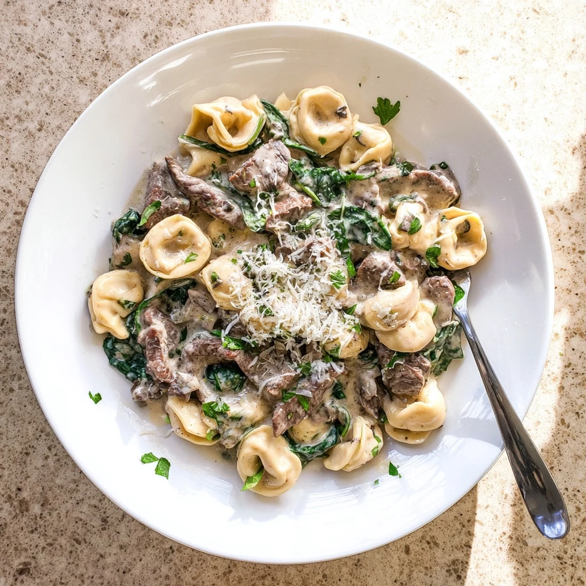 Savory garlic steak tortellini pasta tossed in rich parmesan cream sauce and garnished with chopped parsley