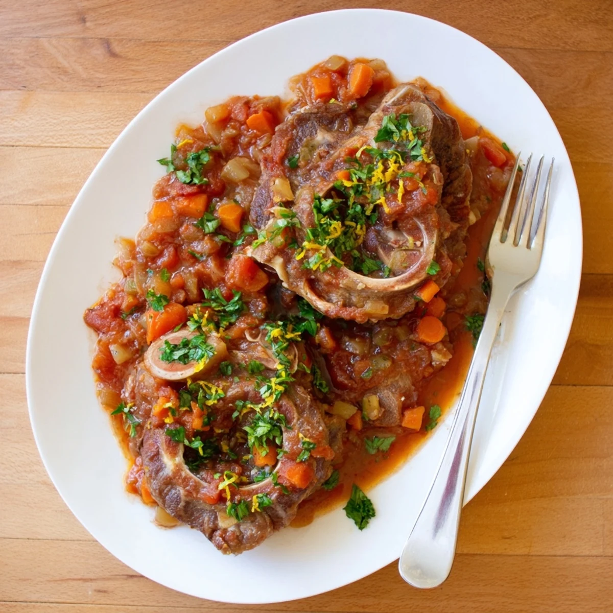 Tender osso buco with veal shanks braised in rich tomato wine sauce until fork-tender