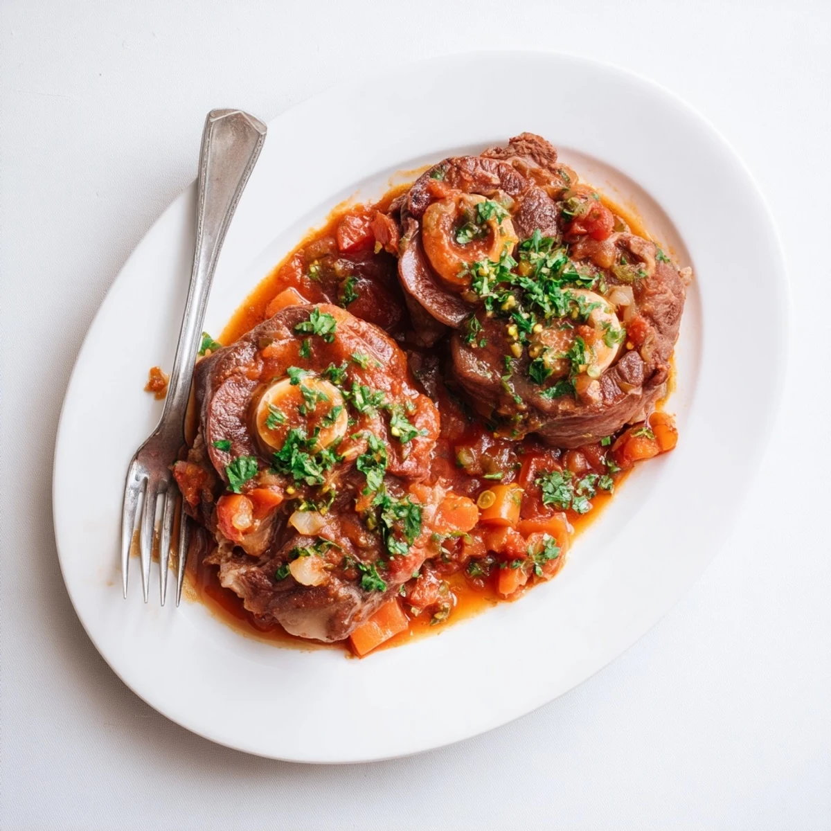 Golden-brown veal shanks nestled in savory vegetable sauce topped with bright gremolata garnish
