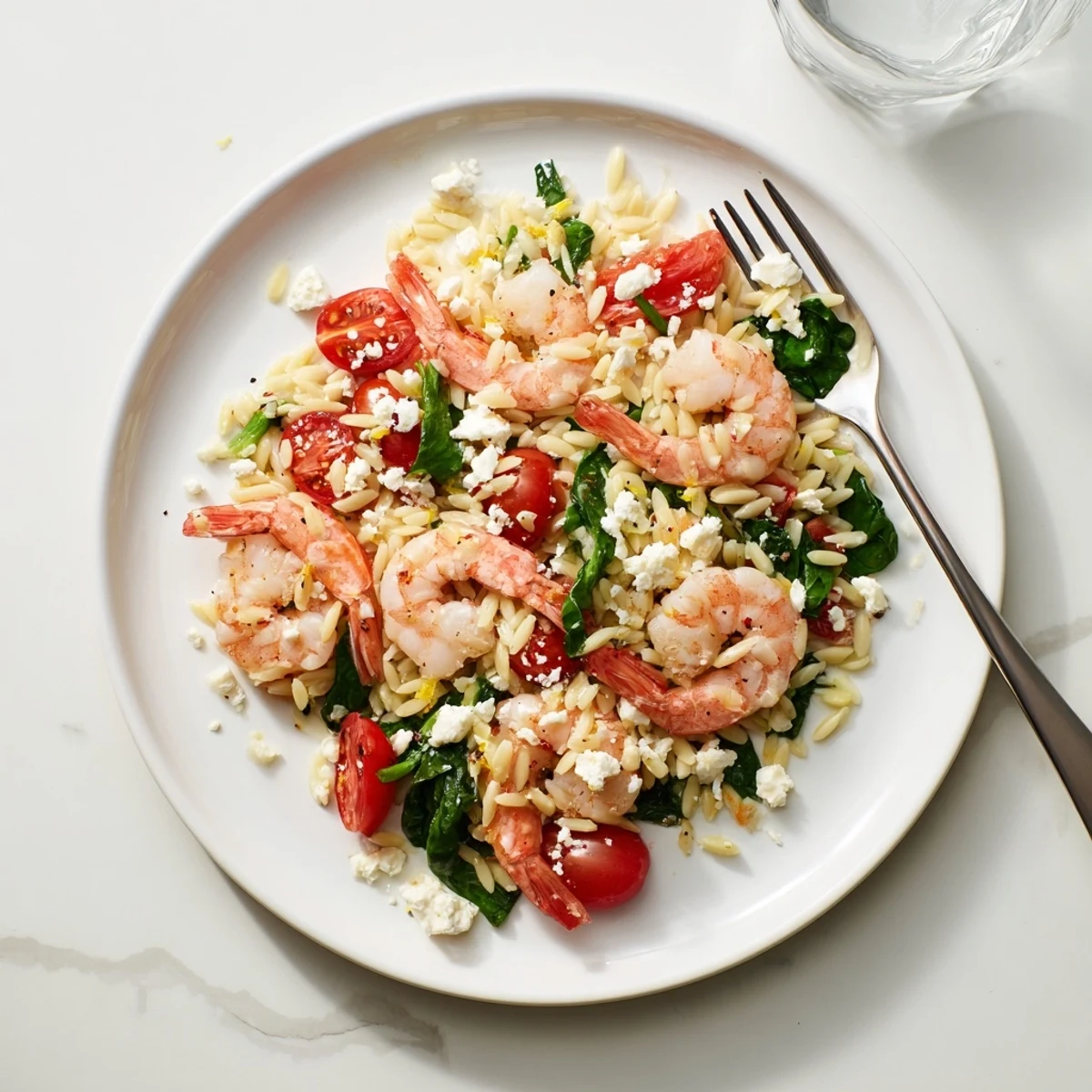 Creamy Mediterranean lemon feta orzo shrimp topped with crumbled feta and pink cooked shrimp