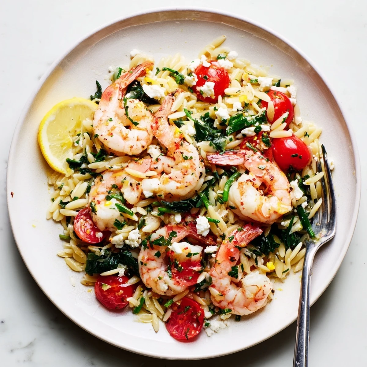 Vibrant bowl of lemon feta orzo shrimp featuring tender pasta, wilted spinach, and zesty citrus