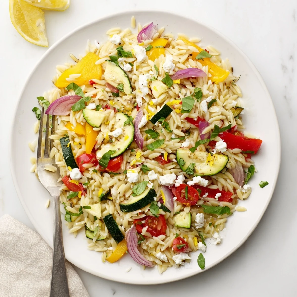 Golden roasted vegetables and tender orzo tossed with fresh herbs and crumbled feta