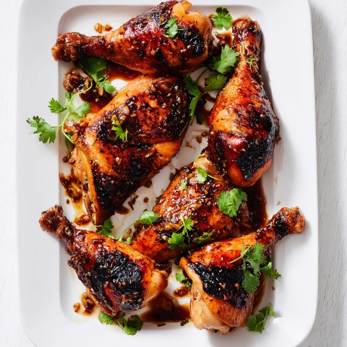 Juicy chicken pieces coated in rich honey garlic marinade, baked until dark and glossy on a serving platter