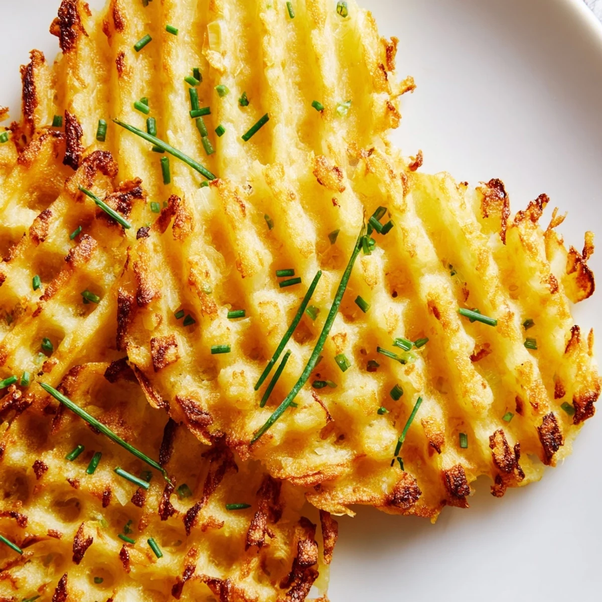 Crispy waffle iron hashbrowns served hot with fresh herbs and sour cream